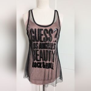 GUESS Los Angeles Sequins Pink Black Mesh Layered Racerback Tank Top Small